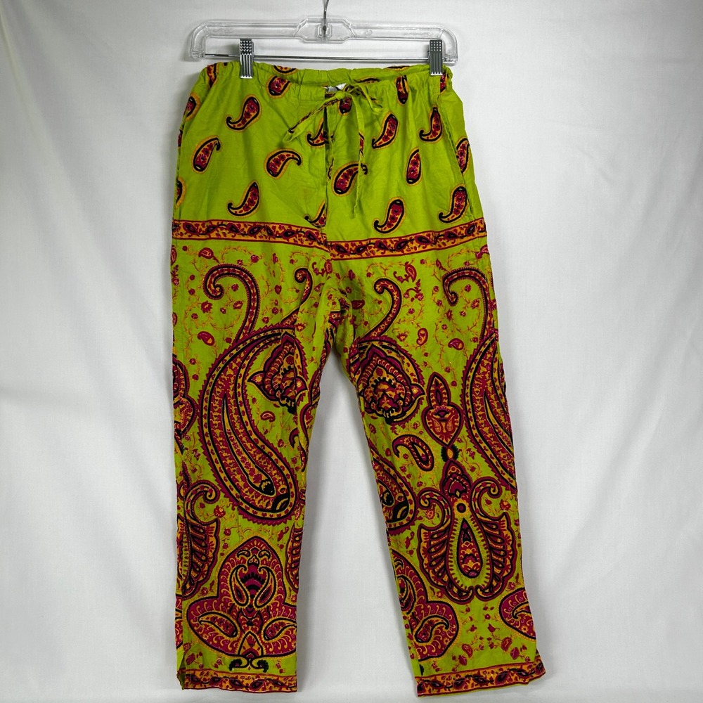 Vintage Y2K Graham Kandiah Lime Green Pink Paisley CottonPants Women's Size S/M